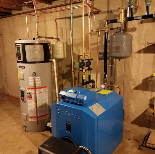 Buderus boiler with Logamatic control and Bradford White Aerotherm Hybrid H2O heater